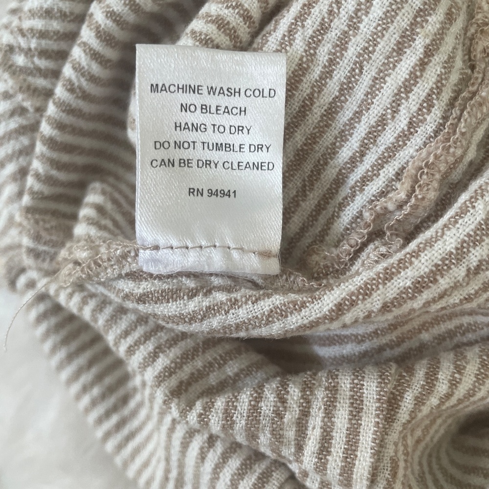 INTERMIX Linen Blended Pinstriped Beige/Cream, One Shoulder Ruffle Romper, Small - Picture 11 of 16